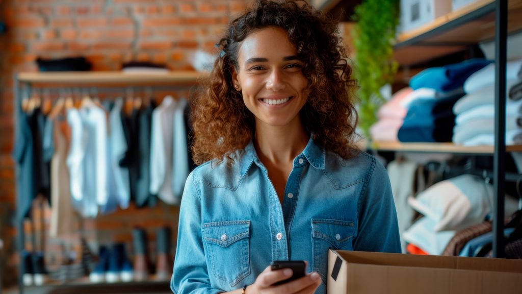 Mulher sorridente organizando o seu empreendimento recentemente aberto.