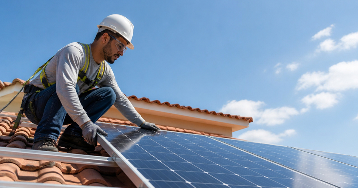  Instalador de energia solar observando sistema fotovoltaico em residência.