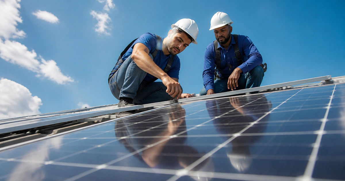 Profissional acompanhando sistema de energia solar em comércio ou propriedade rural.