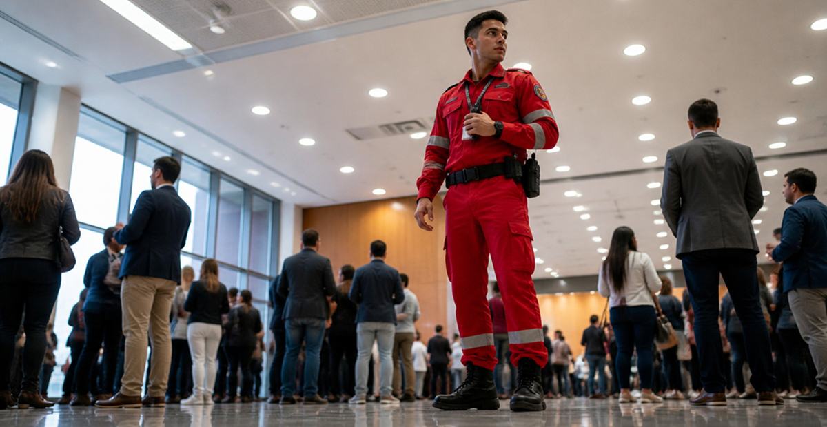 Bombeiro Civil acompanhando a segurança preventiva em local com circulação de pessoas.