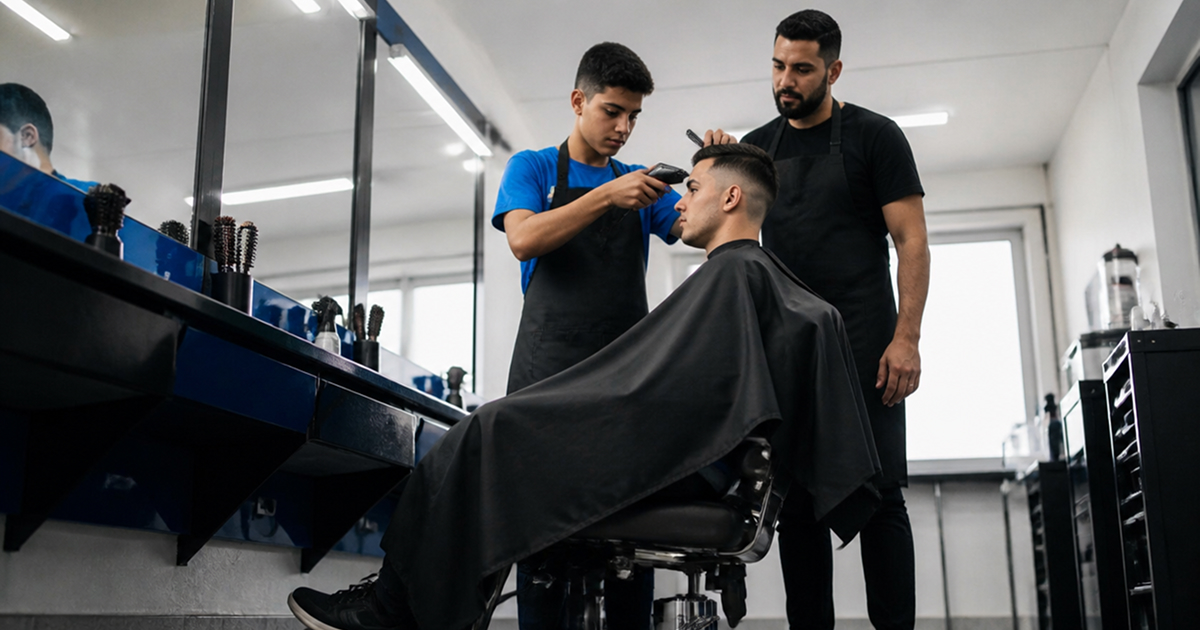 Aluno de curso profissionalizante praticando técnica de corte masculino com acompanhamento do instrutor.