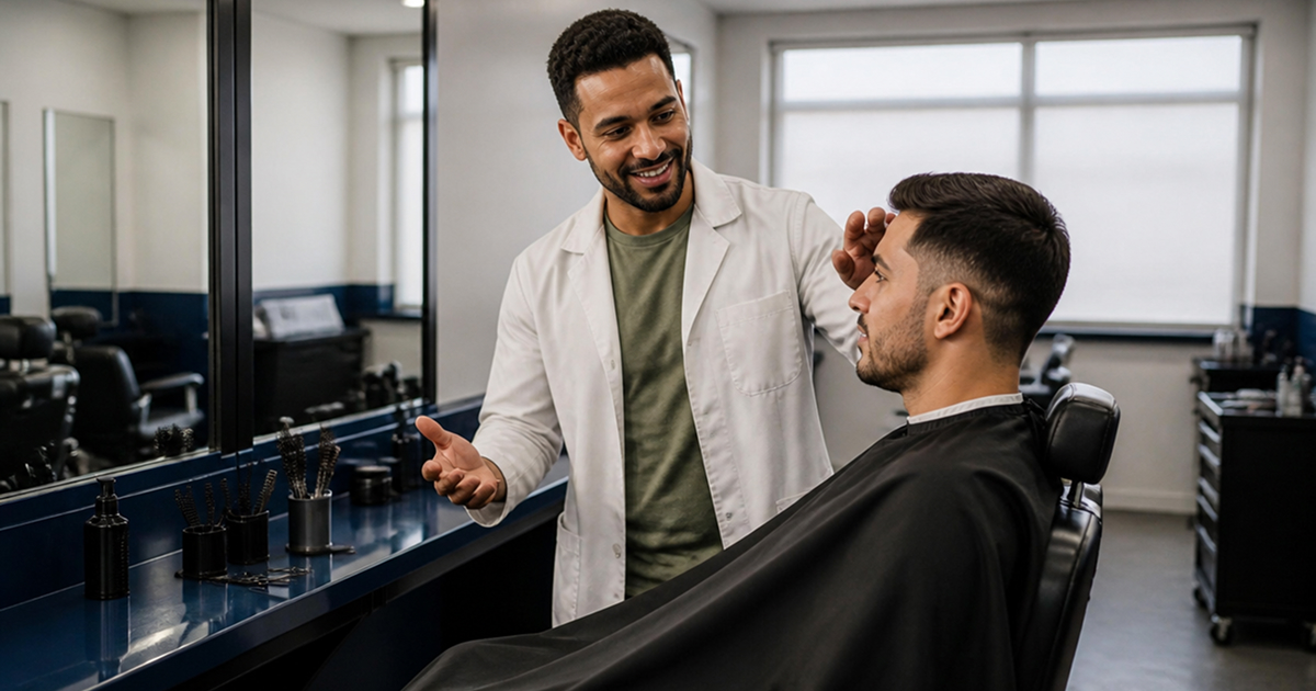 Barbeiro conversando com cliente antes do corte para alinhar estilo, comprimento e acabamento.